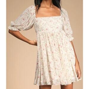 LULUS Sweet Daydreams Floral Print Puff Sleeve Mini Dress Large L